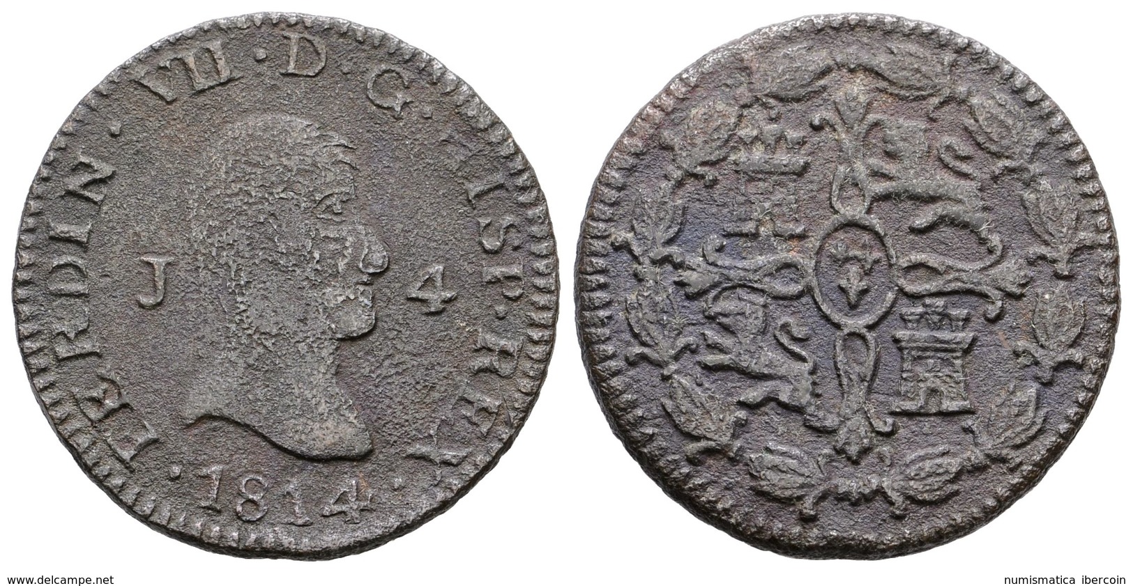 590 FERNANDO VII. 4 Maravedís. 1814. Jubia J. Cal-1566. Ae. 5,33g. MBC-. Escasa. - Andere & Zonder Classificatie