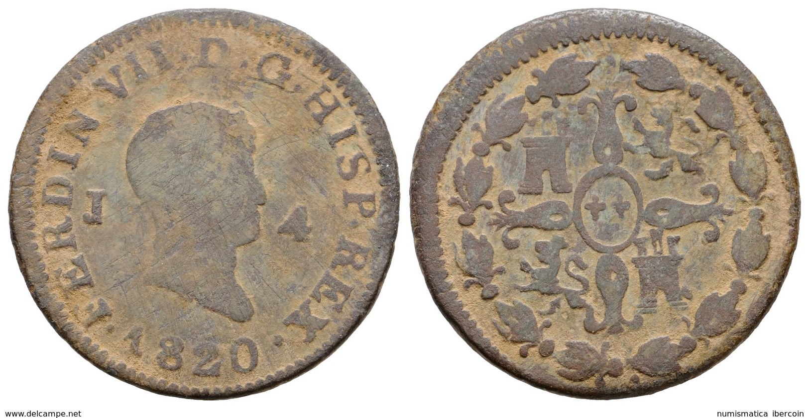 595 FERNANDO VII. 4 Maravedís. 1820. Jubia J. Cal-1573. Ae. 4,78g. MBC-. Muy Rara. - Andere & Zonder Classificatie