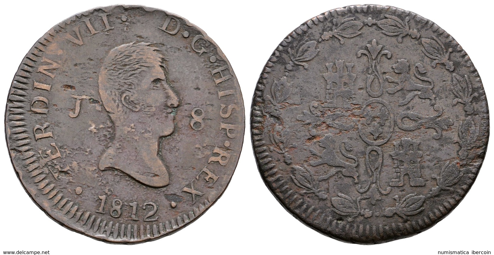 596 FERNANDO VII. 8 Maravedís. 1812. Jubia J. Cal-1544. Ae. 9,85g. MBC-. - Andere & Zonder Classificatie