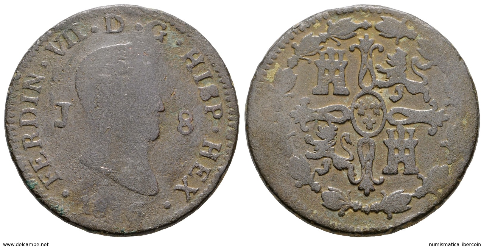 597 FERNANDO VII. 8 Maravedís. 1815. Jubia J. Error HISP HEX En Lugar De HISP REX. Cal-1548. Ae. 9,99g. BC+. Escasa. - Sonstige & Ohne Zuordnung