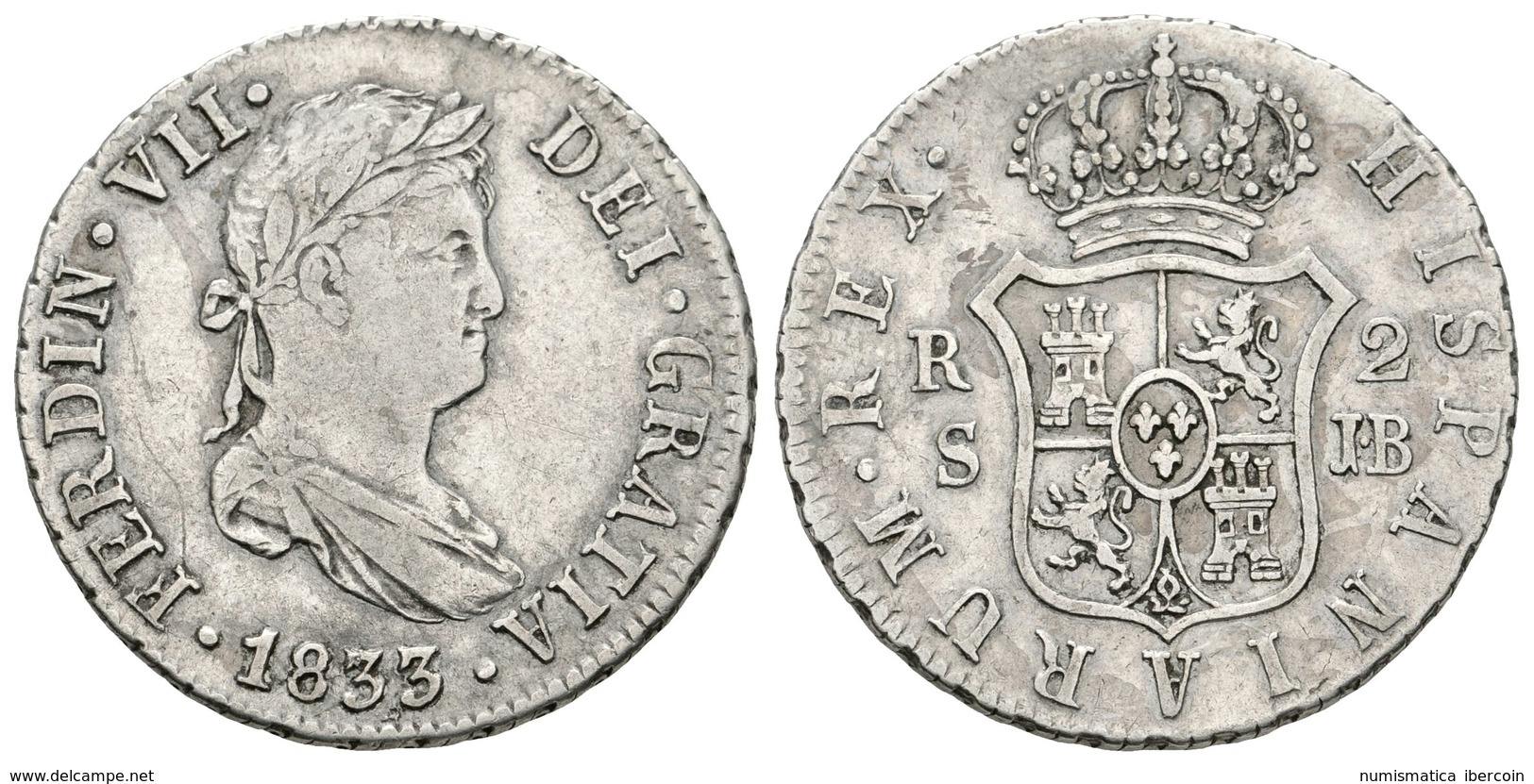 600 FERNANDO VII. 2 Reales. 1833. Sevilla JB. Cal-1034. Ar. 5,97g. MBC-. - Sonstige & Ohne Zuordnung