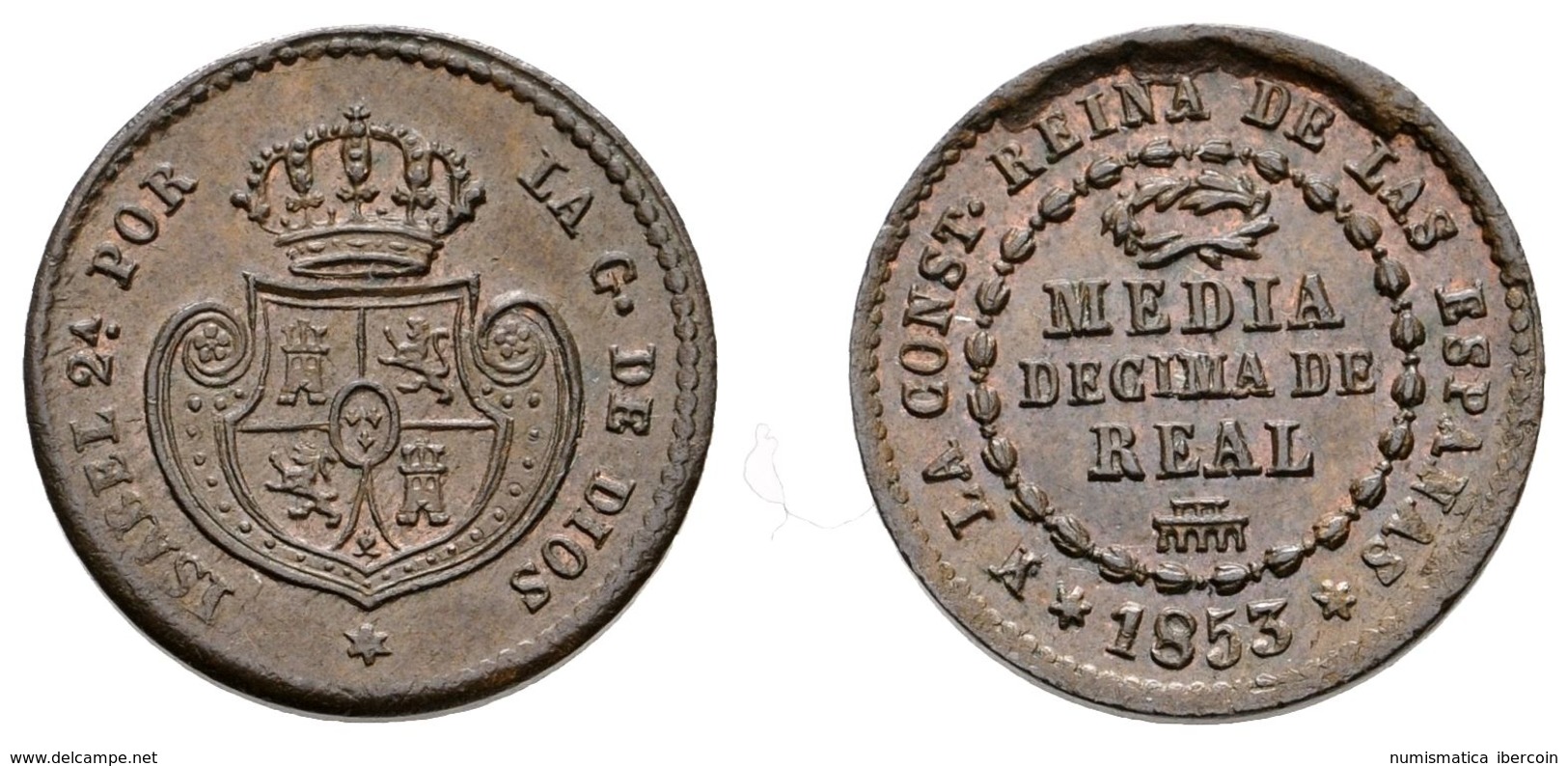 622 ISABEL II. 1/2 Décima De Real. 1853. Segovia. Cal-581. Ae. 1,88g. EBC+. - Sonstige & Ohne Zuordnung