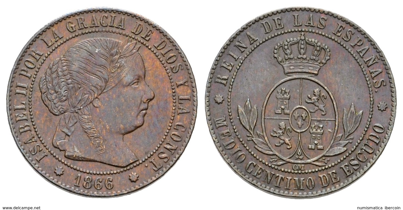 627 ISABEL II. 1/2 Céntimo De Escudo. 1866. Barcelona OM. Cal-669. Ae. 1,29g. EBC. - Otros & Sin Clasificación