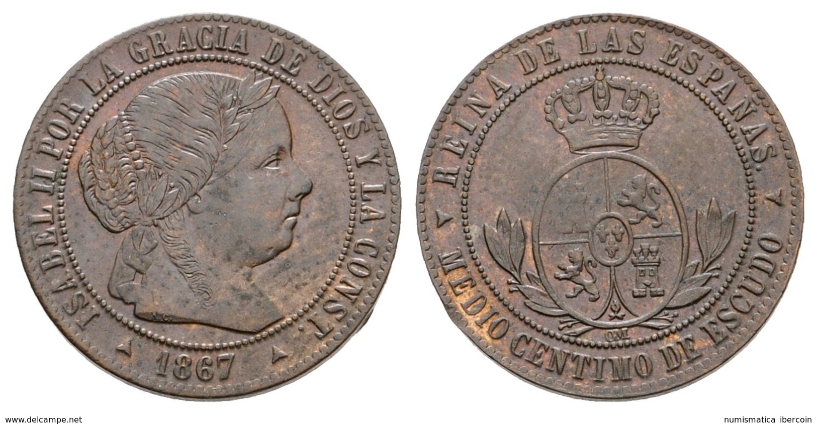 630 ISABEL II. 1/2 Céntimo De Escudo. 1867. Segovia OM. Cal-677. Ae. 1,33g. EBC+. - Sonstige & Ohne Zuordnung