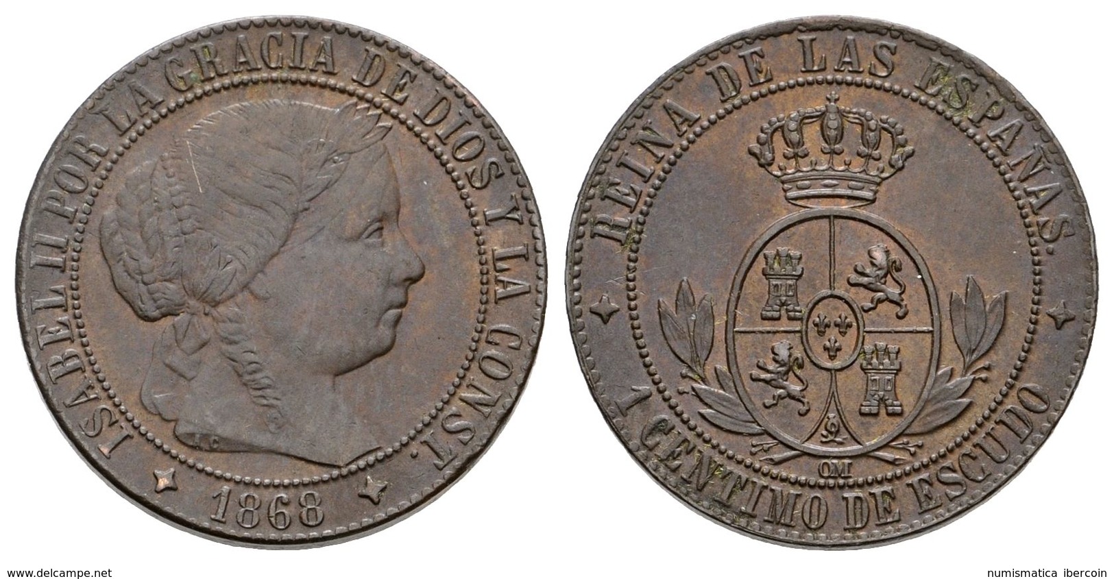 634 ISABEL II. 1 Céntimo De Escudo. 1868. Jubia OM. Cal-659. Ae. 2,45g. EBC-. - Andere & Zonder Classificatie