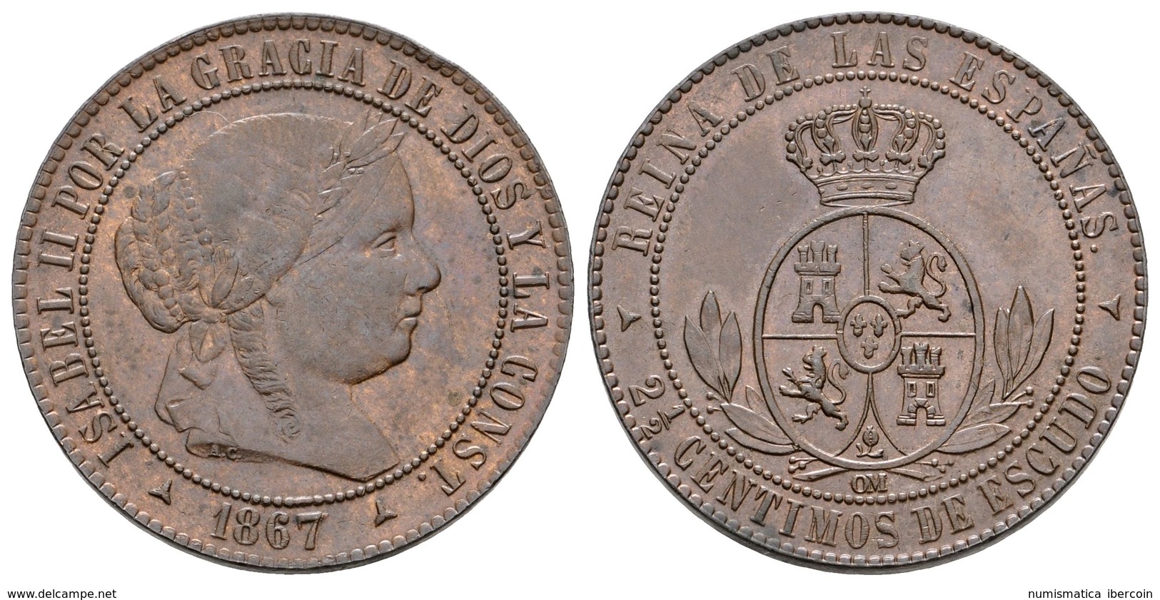 636 ISABEL II. 2 1/2 Céntimos De Escudo. 1867. Segovia OM. Cal-647. Ae. 6,26g. EBC-. - Sonstige & Ohne Zuordnung
