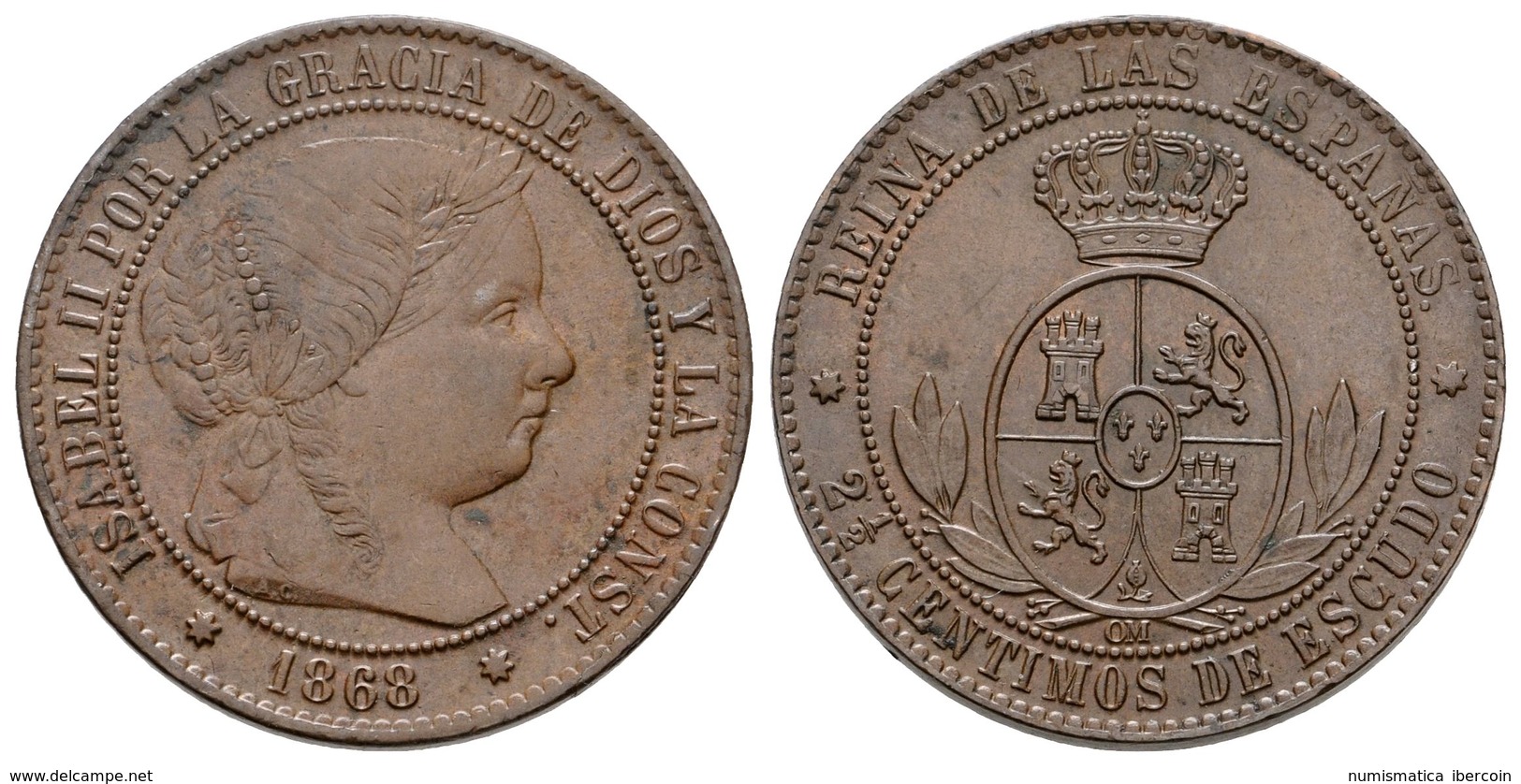 637 ISABEL II. 2 1/2 Céntimos De Escudo. 1868. Sevilla OM. Cal-650. Ae. 6,25g. EBC-. - Otros & Sin Clasificación