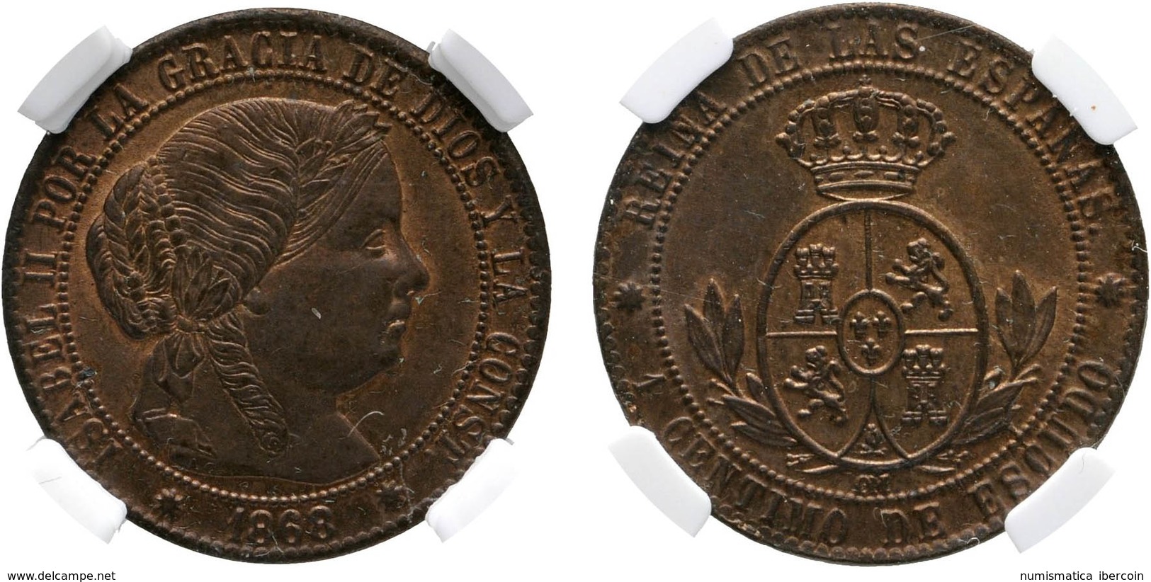 642 ISABEL II. 1 Céntimo De Escudo. 1868. Barcelona OM. Encapsulada Por NN-Coins Como Ms 64. Cal-628. Ae. Brillo Origina - Andere & Zonder Classificatie