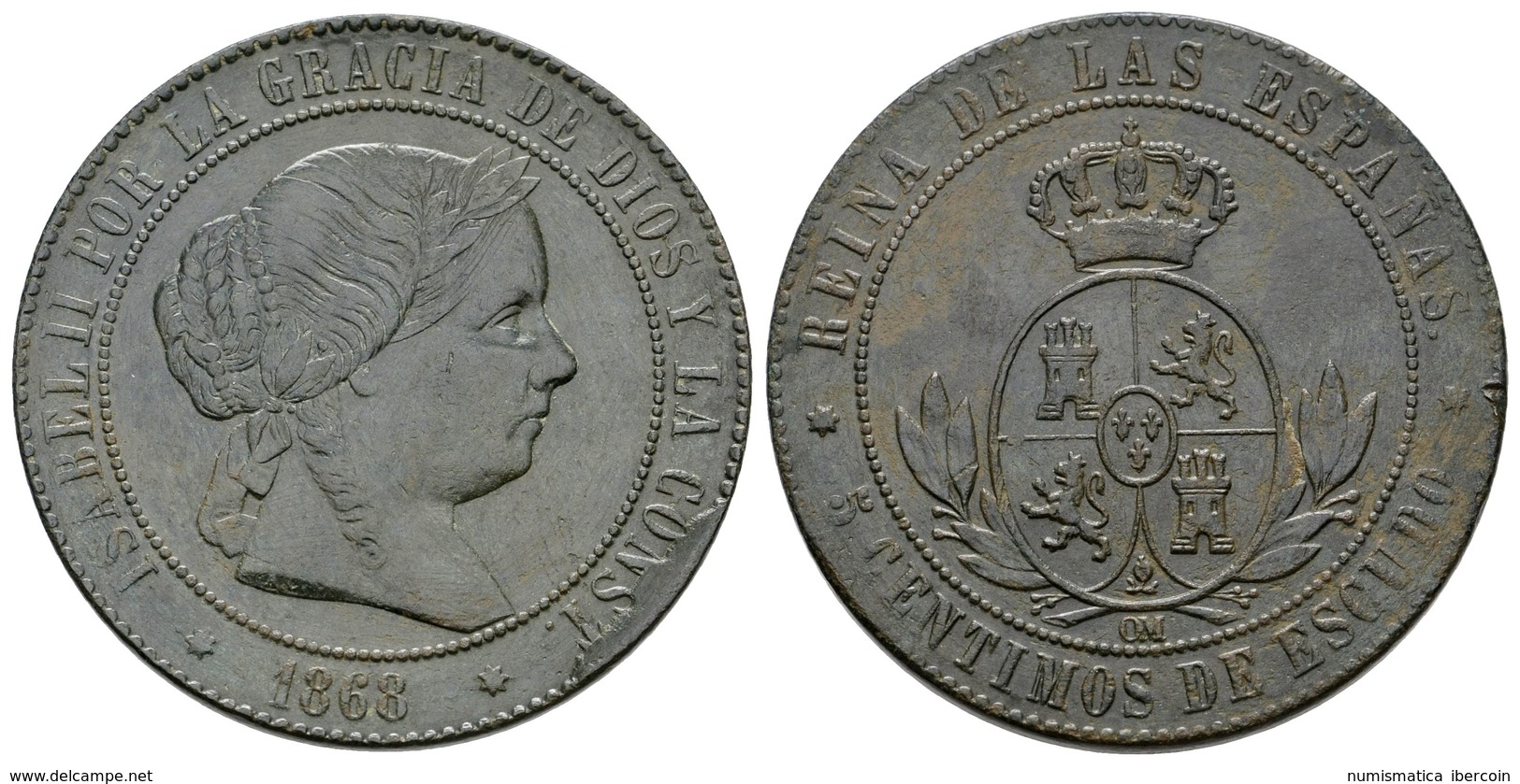 643 ISABEL II. 5 Céntimos De Escudo. 1868. Sevilla OM. Cal-634. Ae. 11,97g. Pátina Verde. MBC-. - Andere & Zonder Classificatie