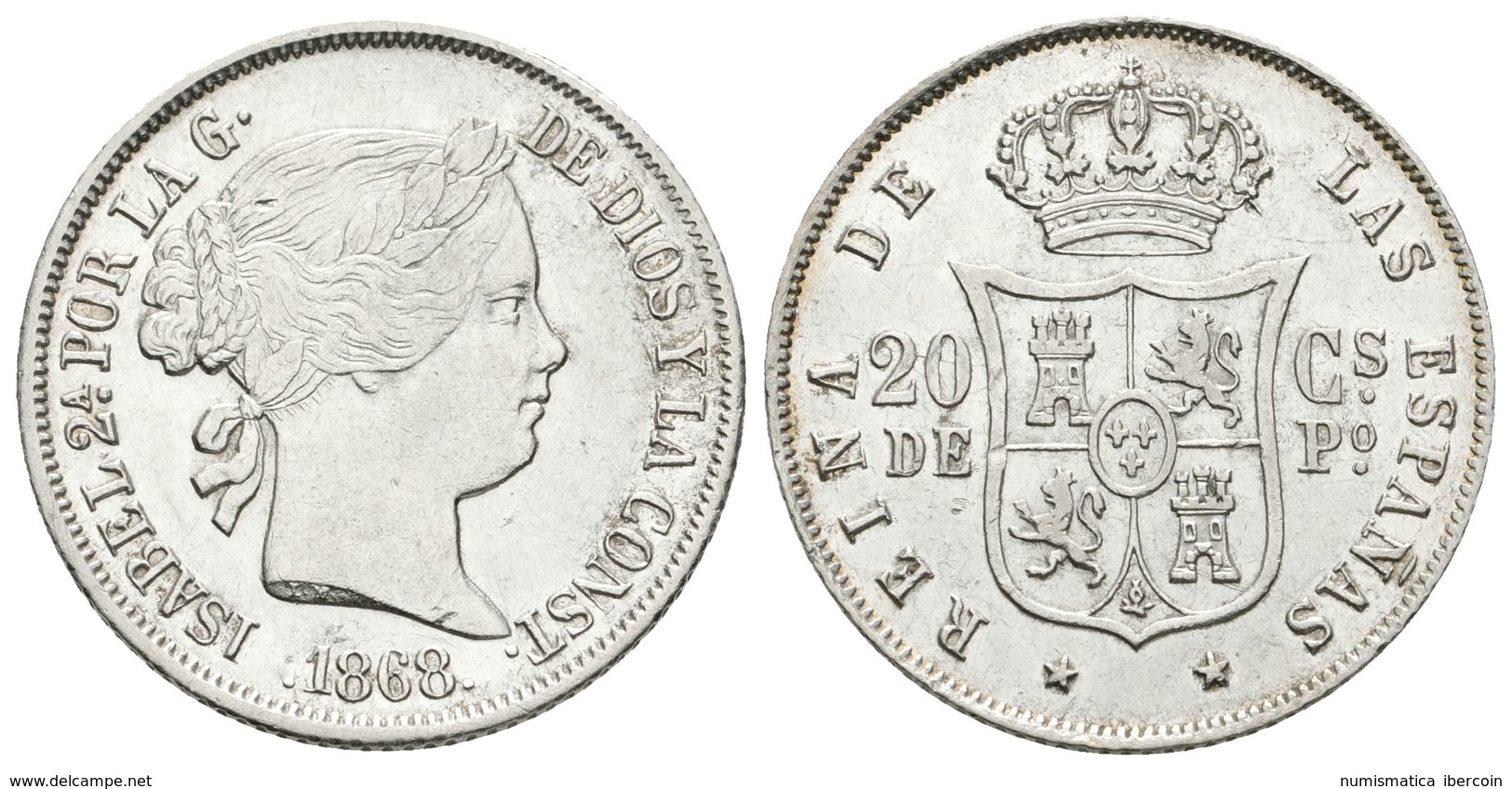 657 ISABEL II. 20 Centavos De Peso. 1868. Manila. Cal-460; Basso 51. Ar. 5,11g. Golpecitos. MBC+/MBC. - Sonstige & Ohne Zuordnung