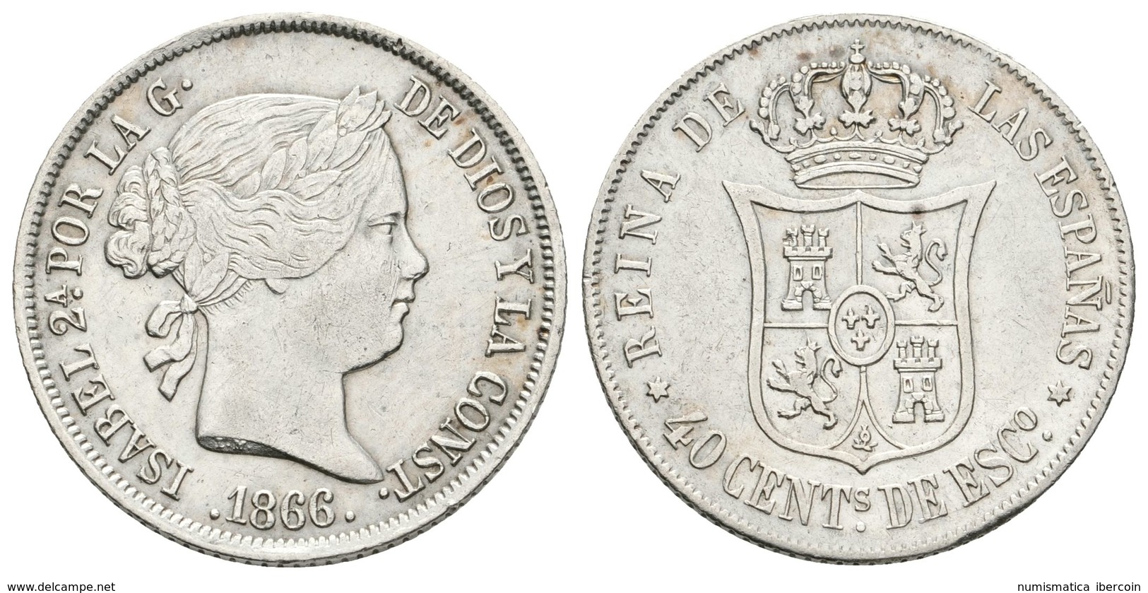 658 ISABEL II. 40 Céntimos De Escudo. 1866. Madrid. Cal-338. Ar. 5,17g. Golpe En Anverso. MBC. - Otros & Sin Clasificación