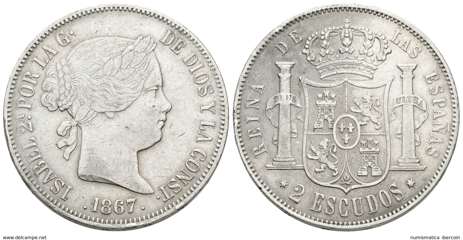 666 ISABEL II. 2 Escudos. 1867. Madrid. Cal-204. Ar. 25,90g. MBC+. - Otros & Sin Clasificación