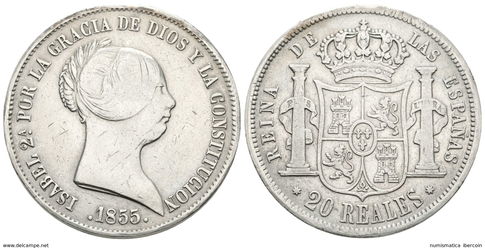 667 ISABEL II. 20 Reales. 1855. Sevilla. Cal-193. Ar. 25,79g. MBC-. - Sonstige & Ohne Zuordnung