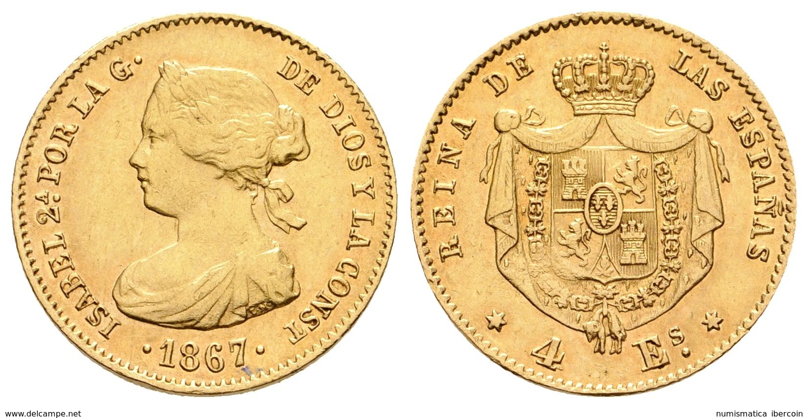 669 ISABEL II. 4 Escudos. 1867. Madrid. Cal-111. Au. 3,38gr. MBC. - Otros & Sin Clasificación