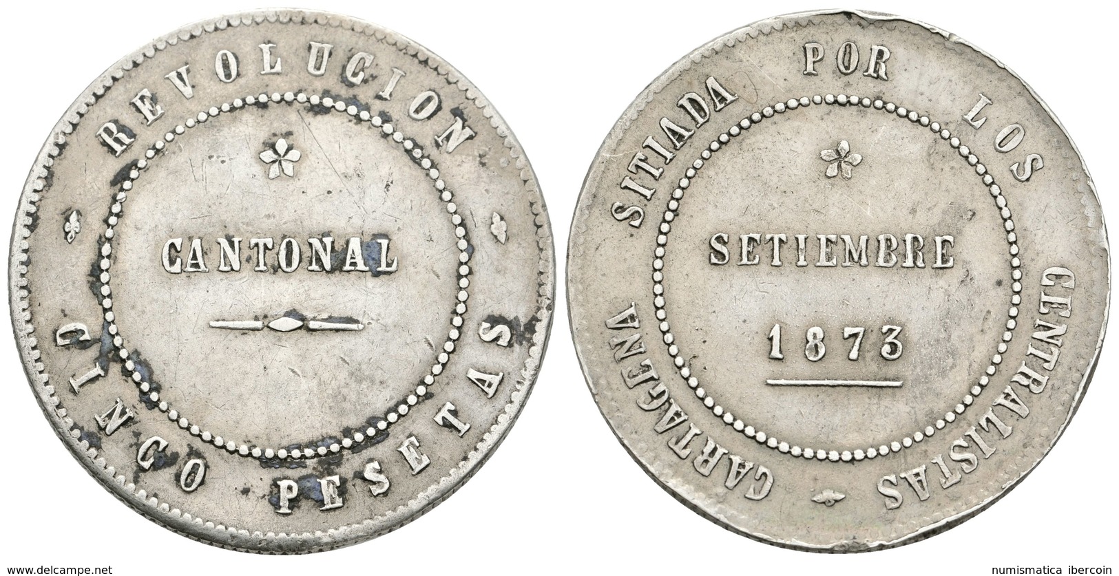 680 REVOLUCION CANTONAL. 5 Pesetas. 1873. Cartagena. Cal-5. Algo Sucia. Ar. 26,93g. Golpecitos En Canto. MBC. - Sonstige & Ohne Zuordnung