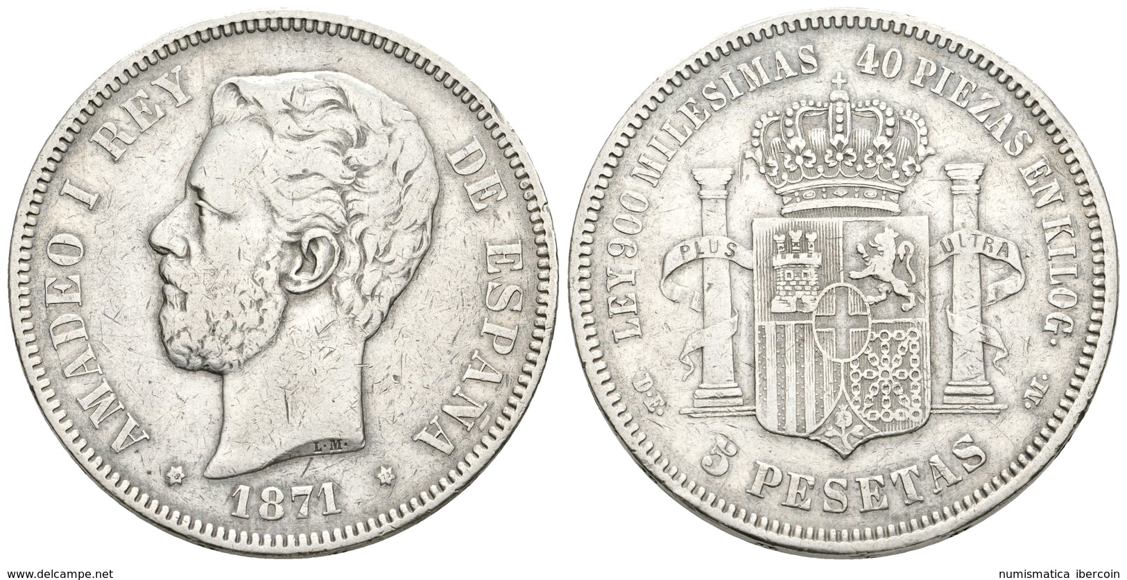 682 AMADEO I. 5 Pesetas. 1871 *18-73. Madrid DEM. Cal-9. Ar. 24,65g. MBC-. Muy Escasa. - Andere & Zonder Classificatie