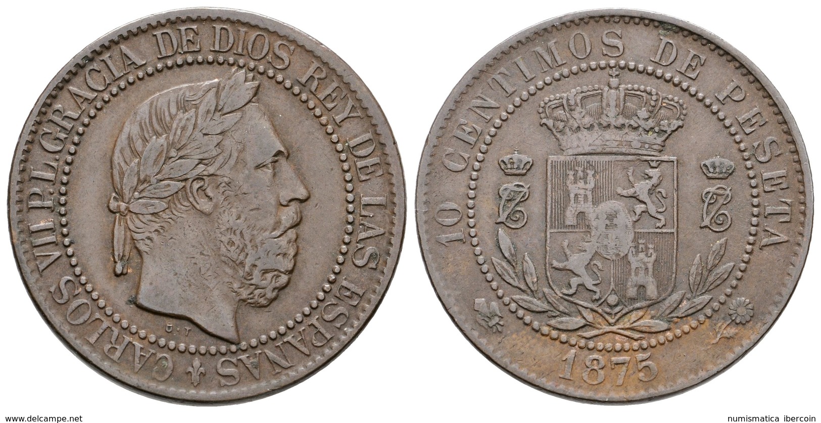 684 CARLOS VII. 10 Céntimos. 1875. Bruselas. Cal-8. Ae. 10,35g. MBC-. - Altri & Non Classificati