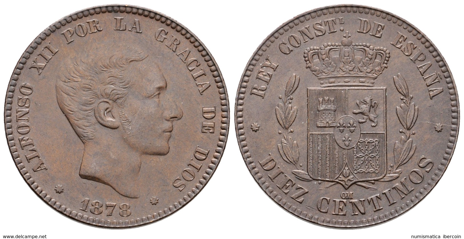 687 ALFONSO XII. 10 Céntimos. 1878. Barcelona OM. Cal-68. Ae. 9,88g. EBC. - Otros & Sin Clasificación