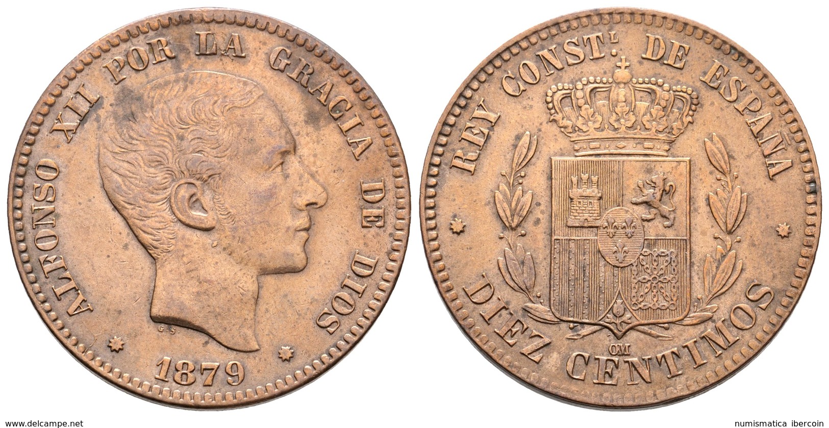 688 ALFONSO XII. 10 Céntimos. 1879. Barcelona OM. Cal-69. Ae. 9,81g. Limpiada. MBC+. - Sonstige & Ohne Zuordnung