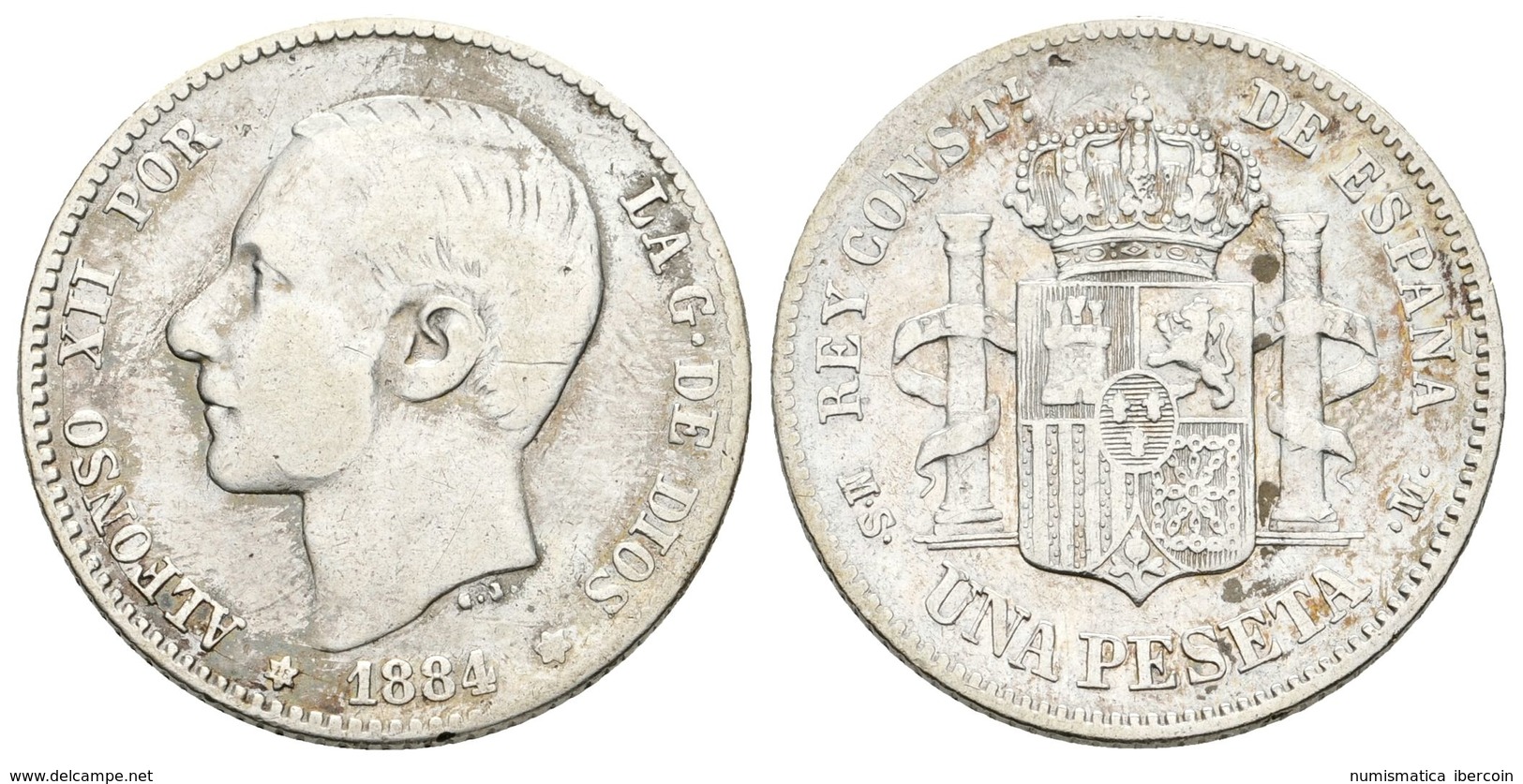 692 ALFONSO  XII. 1 Peseta. 1884 *18-__. Madrid MSM. Cal-60. Ar. 4,86g. BC+/MBC-. Rara. - Altri & Non Classificati