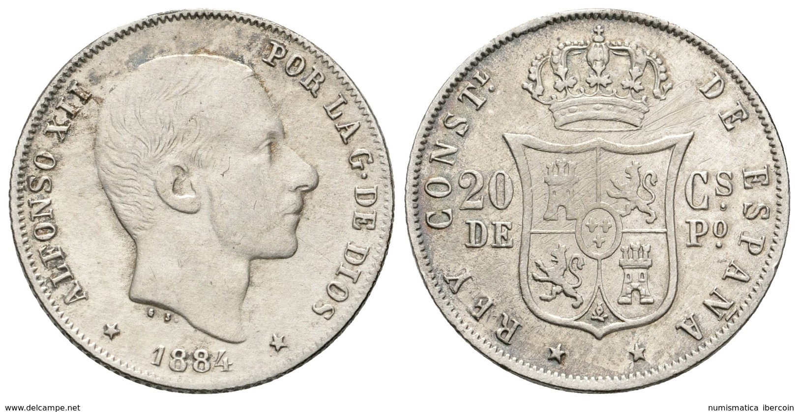 697 ALFONSO XII. 20 Centavos De Peso. 1884. Manila. Cal-91. Ar. 4,95g. Rayas En Reverso. BC+/MBC-. - Otros & Sin Clasificación