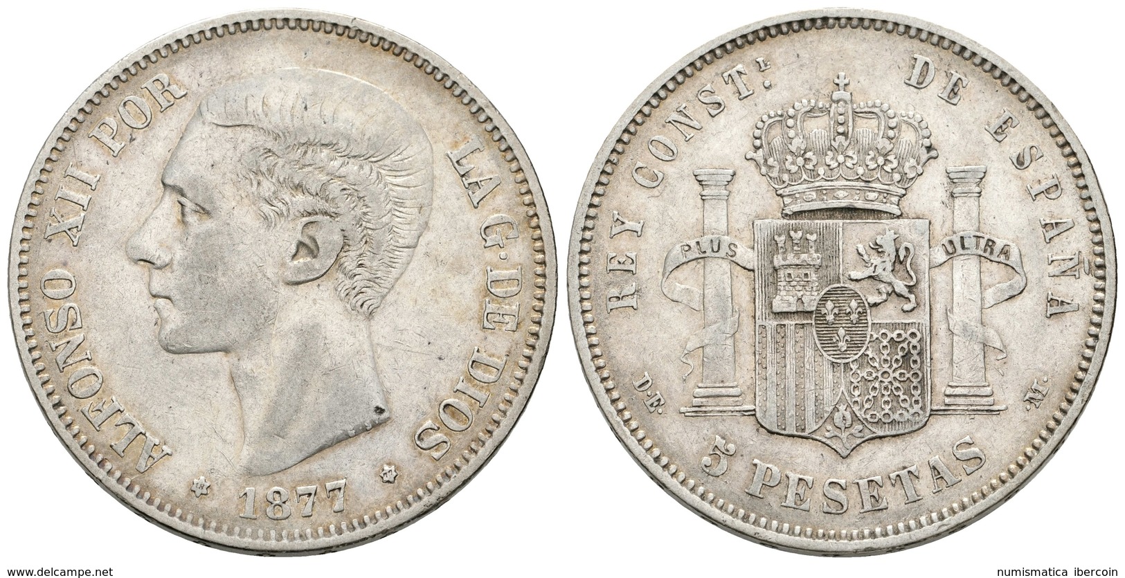 701 ALFONSO XII. 5 Pesetas. 1877 *18-77. Madrid DEM. Cal-28. Ar. 24,87g. Golpecito En El Canto Y Marquitas. MBC. - Sonstige & Ohne Zuordnung