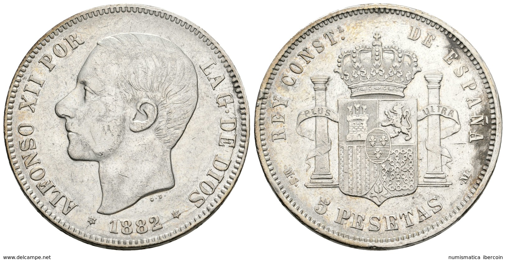 705 ALFONSO XII. 5 Pesetas. 1882/1 *18-81. Madrid MSM. Cal-34. Ar. 24,63g. Marquitas Y Golpecitos En El Canto. MBC-/MBC+ - Sonstige & Ohne Zuordnung