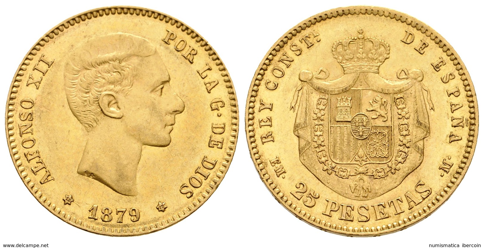 709 ALFONSO XII. 25 Pesetas. 1879 *18-79. Madrid EMM. Cal-9. Au. 8,06g. Hojita En Anverso. EBC. - Altri & Non Classificati