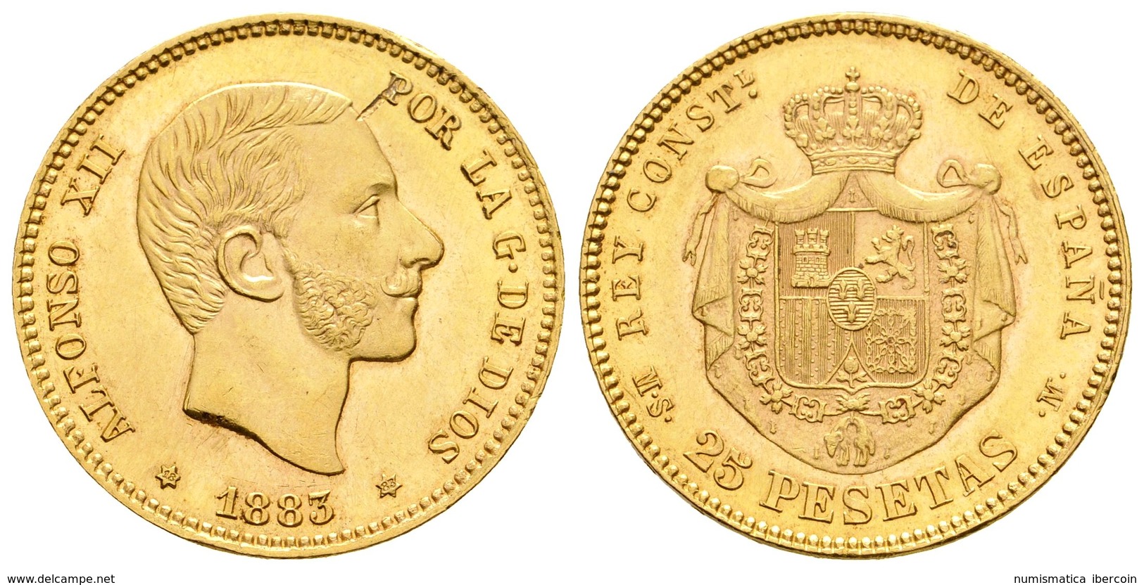 715 ALFONSO XII. 25 Pesetas. 1883 *18-83. Madrid MSM. Cal-18. Au. 8,06g. Hoja En Anverso Y Golpe En Canto. EBC. Rara. - Altri & Non Classificati