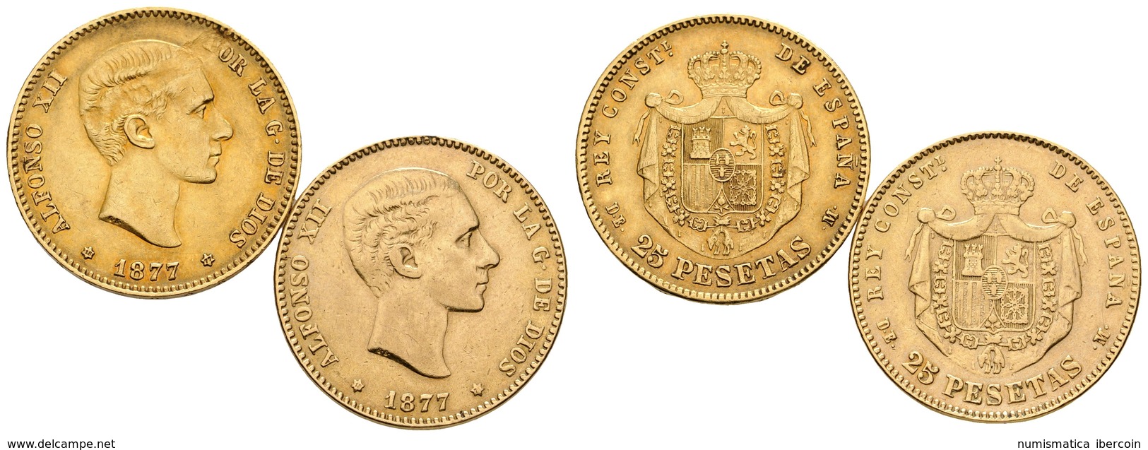 716 ALFONSO XII. Lote Compuesto Por 2 Monedas De 25 Pesetas 1877 *18-77 DEM. CAL-3. Au. 8,04g Y 7,94g. Ambas Sirvieron C - Sonstige & Ohne Zuordnung