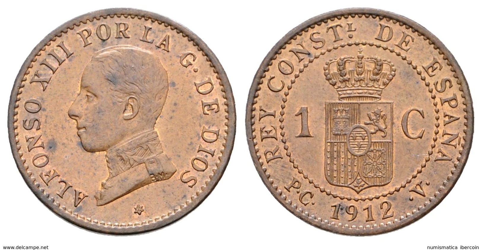 718 ALFONSO XIII. 1 Céntimo. 1912 *2. Madrid PCV. Cal-79. Ae. 0,99g. SC. - Altri & Non Classificati