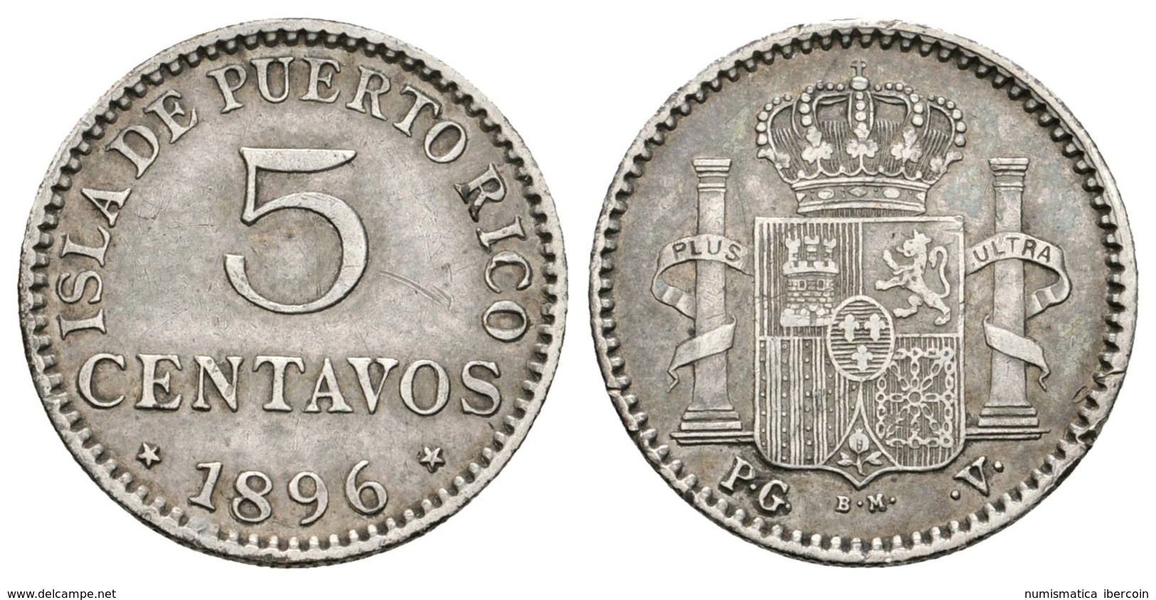 719 ALFONSO XIII. 5 Centavos. 1896. Puerto Rico PGV. Cal-86. Ar. 1,22g. MBC. - Otros & Sin Clasificación