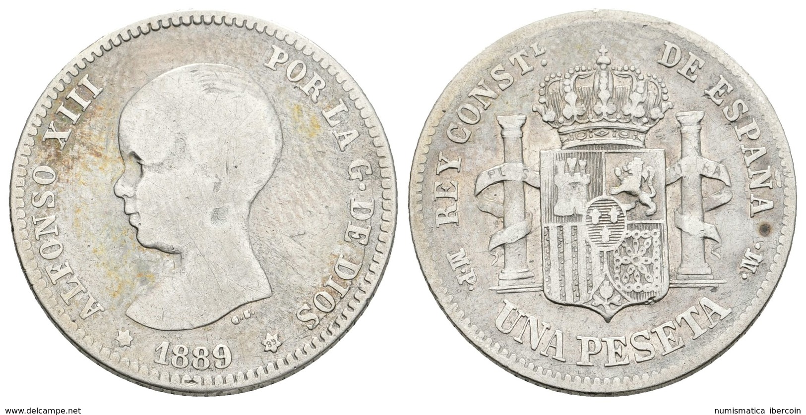 723 ALFONSO XIII. 1 Peseta. 1889 *__-89. Madrid MPM. Cal-36. Ar. 4,80g. BC-/BC+. - Sonstige & Ohne Zuordnung