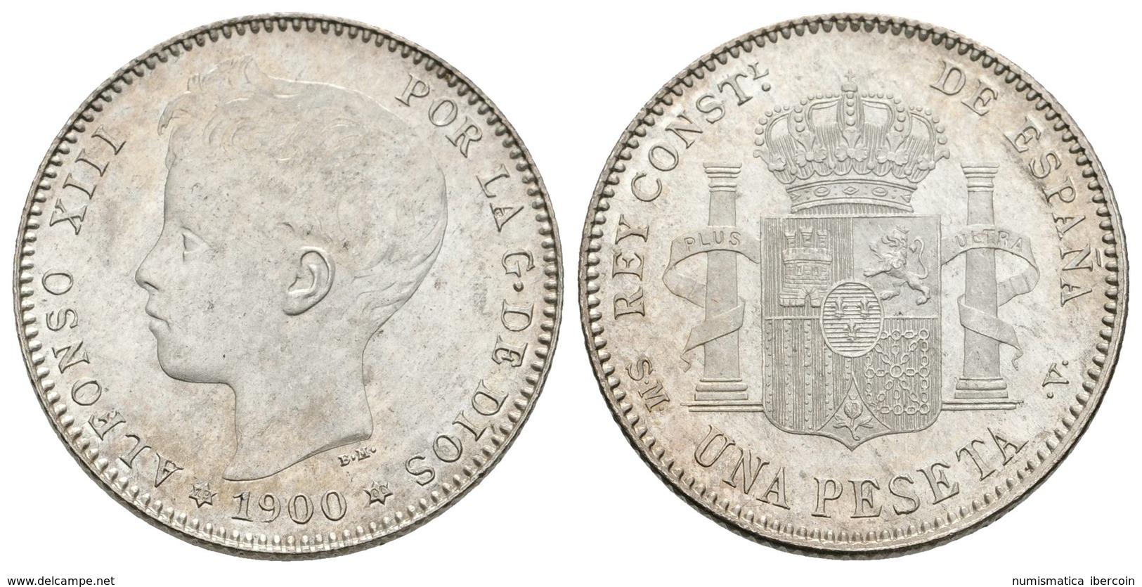 725 ALFONSO XIII. 1 Peseta. 1900 *19-00. Madrid SMV. Cal-44. Ar. 5,03g. Brillo Original. SC. - Otros & Sin Clasificación