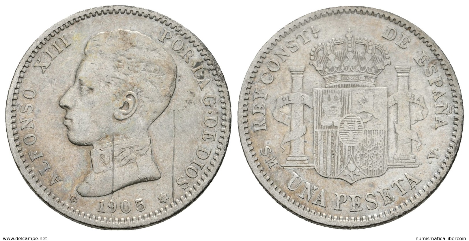 727 ALFONSO XIII. 1 Peseta. 1905 *19-05. Madrid SMV. Cal-51. Ar. 4,85g. Rayas En Anverso. MBC/BC+. Rara. - Sonstige & Ohne Zuordnung