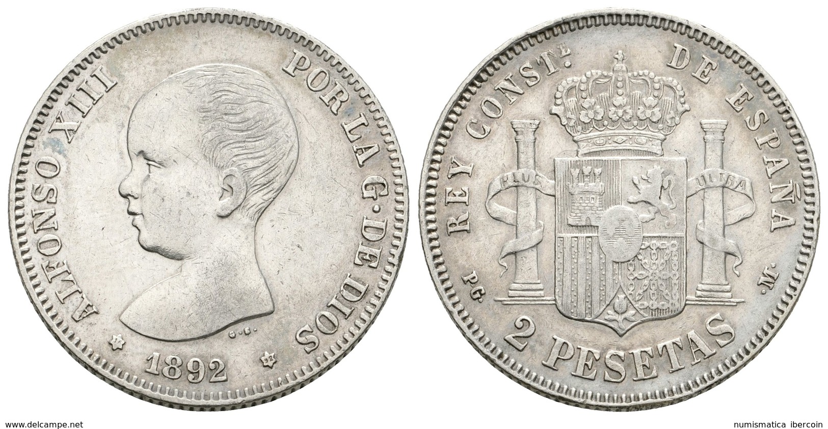 729 ALFONSO XIII. 2 Pesetas. 1892 *18-92. Madrid PGM. Cal-32. Ar. 10,02g. MBC. - Otros & Sin Clasificación