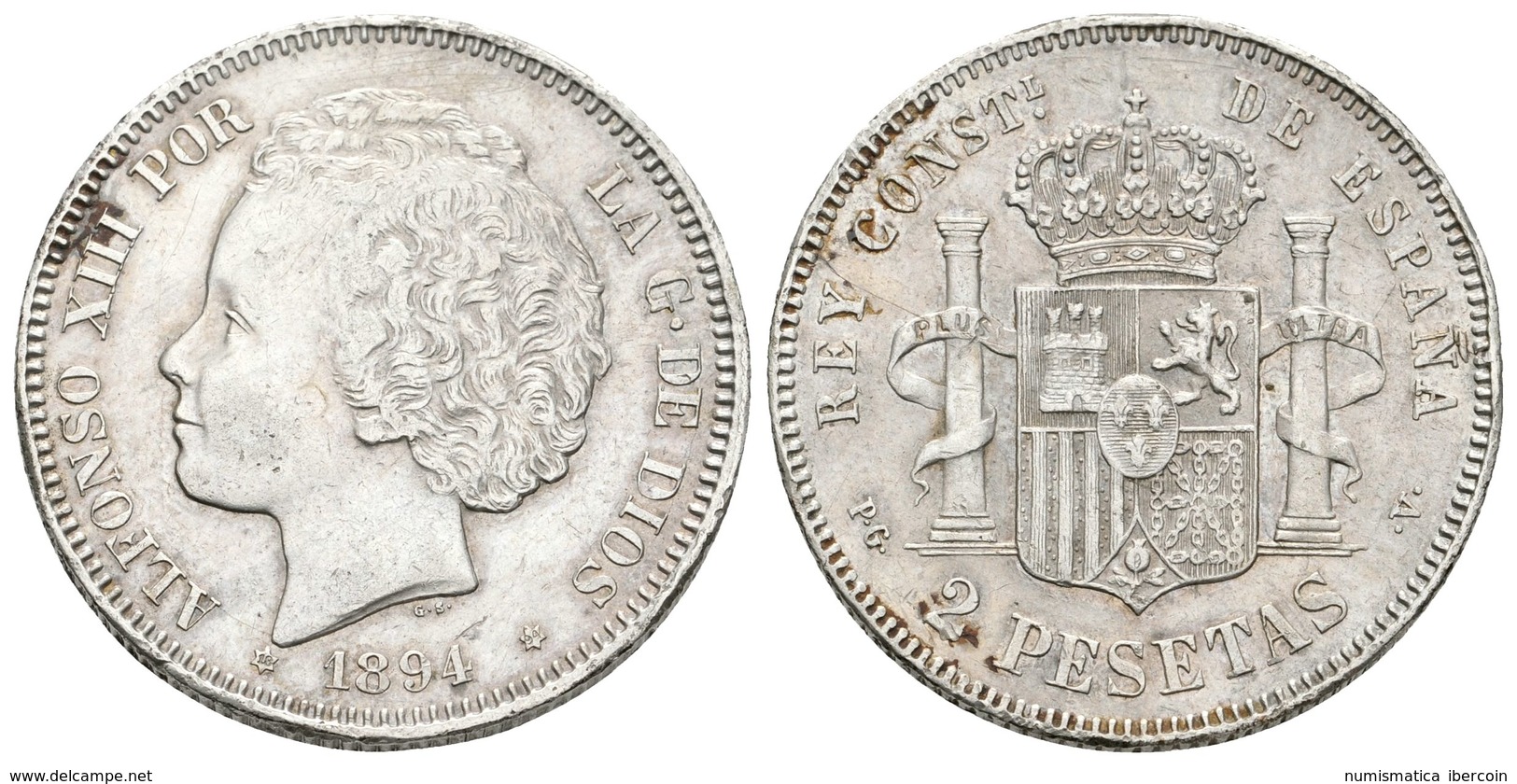 730 ALFONSO XIII. 2 Pesetas. 1894 *18-94. Madrid PGV. Cal-33. Ar. 9,83g. Rayitas En Ambas Caras. MBC-/MBC. - Altri & Non Classificati