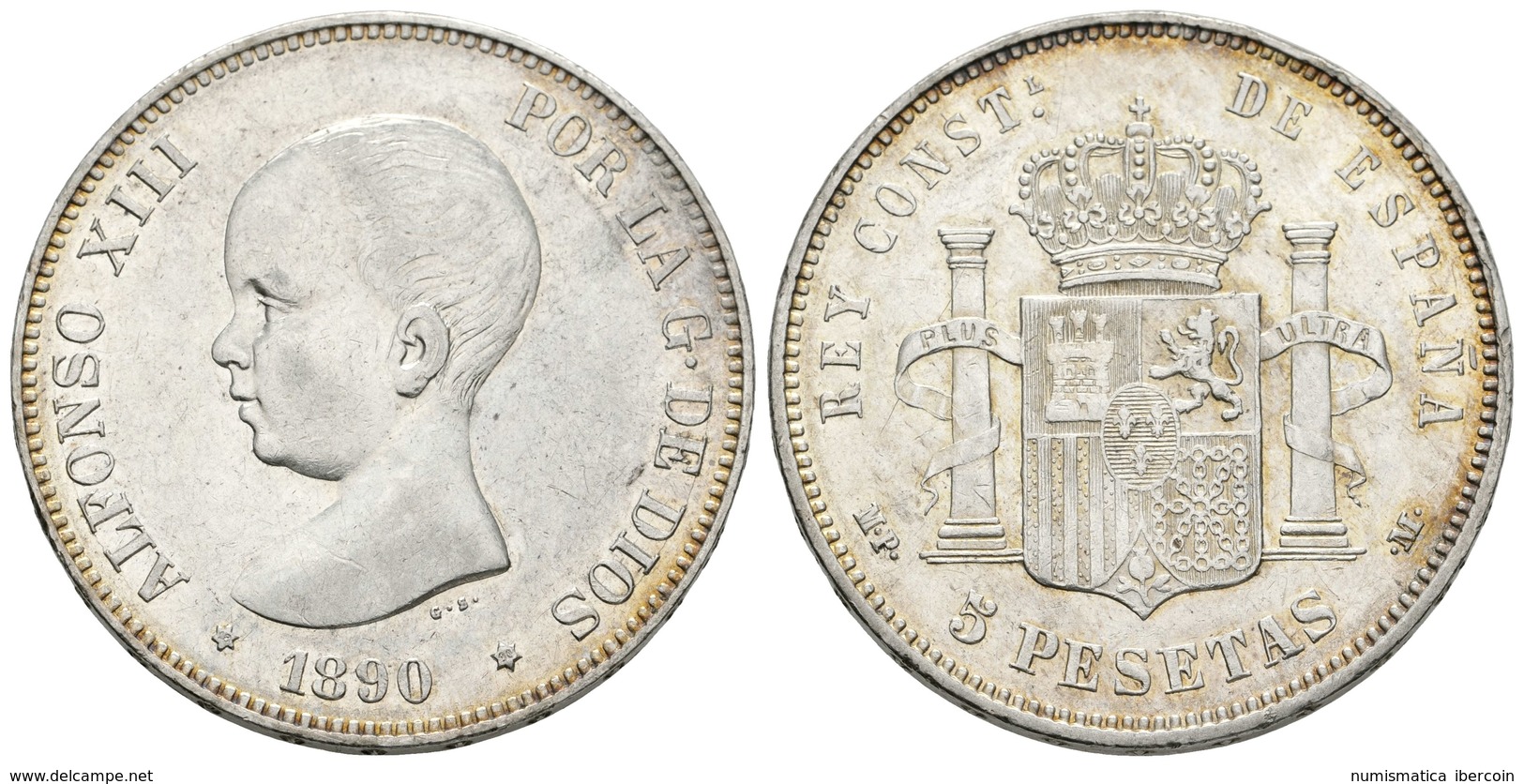 732 ALFONSO XIII. 5 Pesetas. 1890 *18-90. Madrid MPM. Cal-15. Ar. 25,03g. Bonito Tono Y Golpecito En El Canto. MBC+. - Altri & Non Classificati