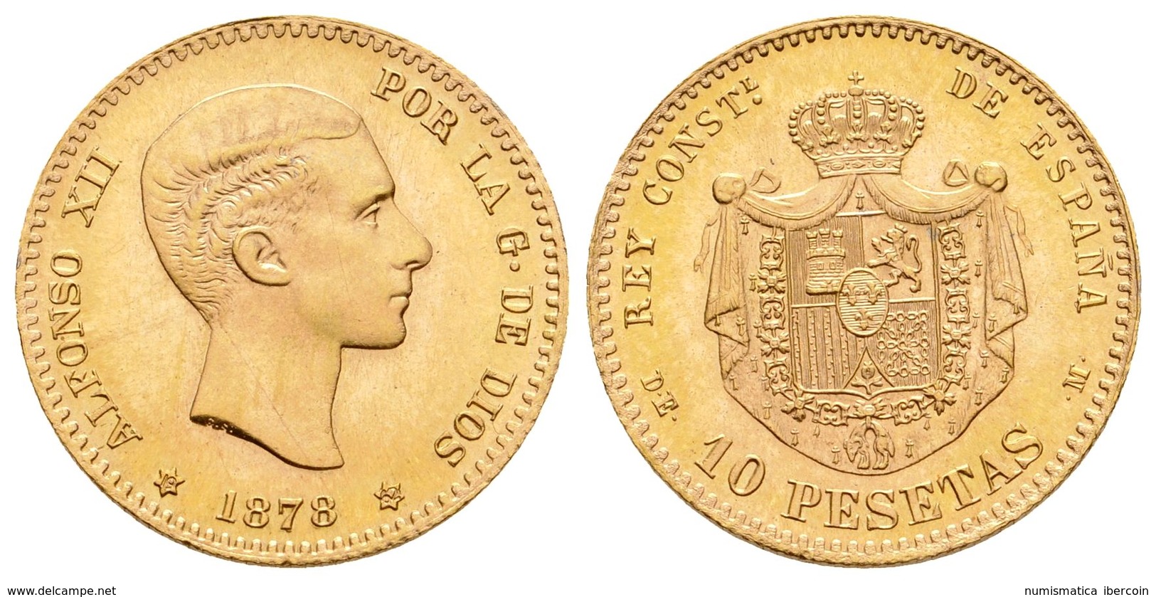 761 ALFONSO XII. 10 Pesetas. 1878 *19-62. Madrid DEM. Reacuñación Oficial. Cal-10. Au. 3,23g. SC. - Other & Unclassified
