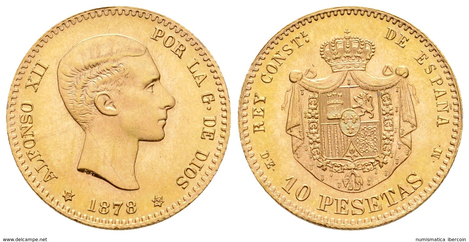 761 ALFONSO XII. 10 Pesetas. 1878 *19-62. Madrid DEM. Reacuñación Oficial. Cal-10. Au. 3,23g. SC. - Andere & Zonder Classificatie