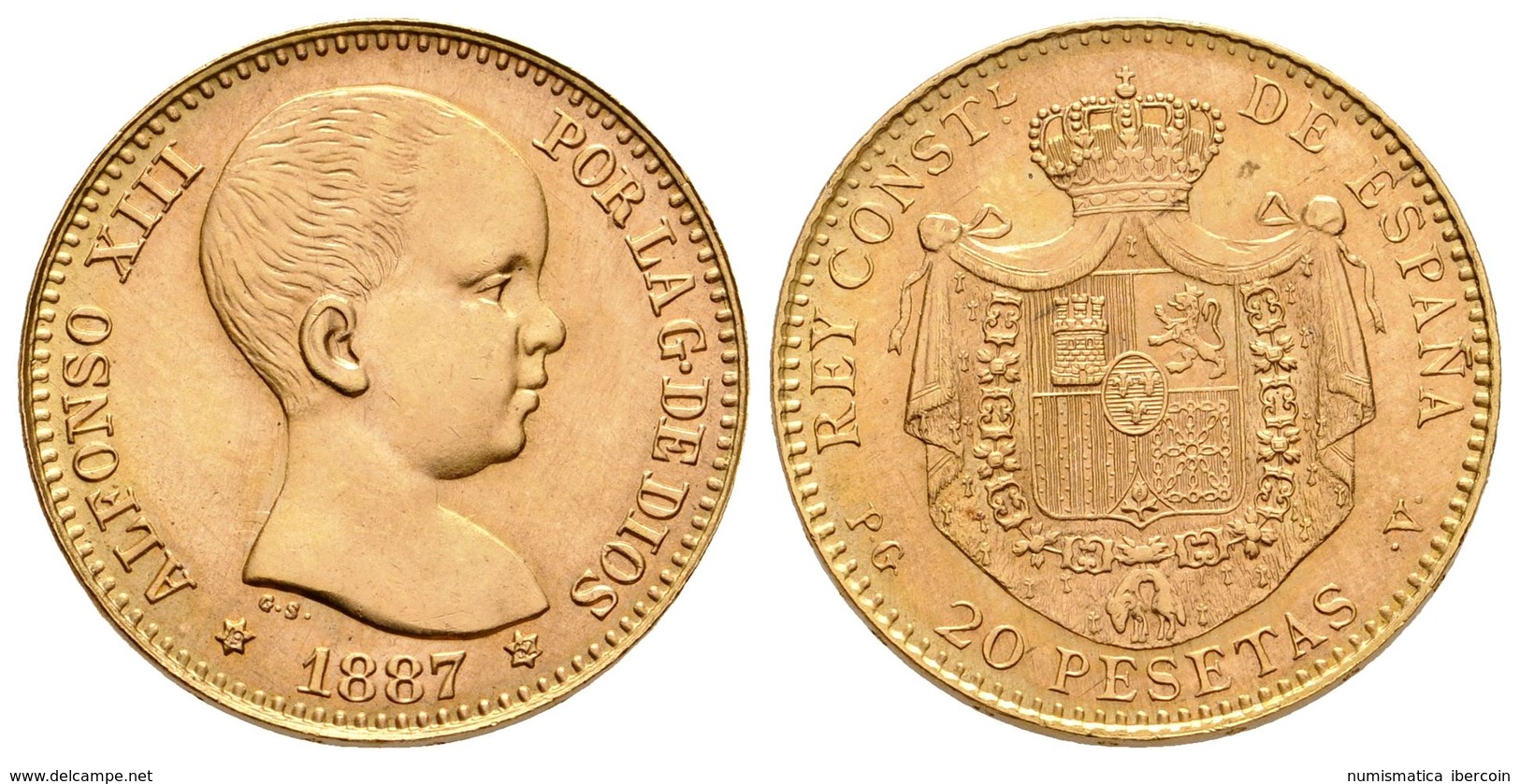 763 ALFONSO XIII. 20 Pesetas. 1887 *19-62. Madrid PGV. Reacuñación Oficial. Cal-6. Au. 6,45g. Leves Marquitas En Anverso - Otros & Sin Clasificación