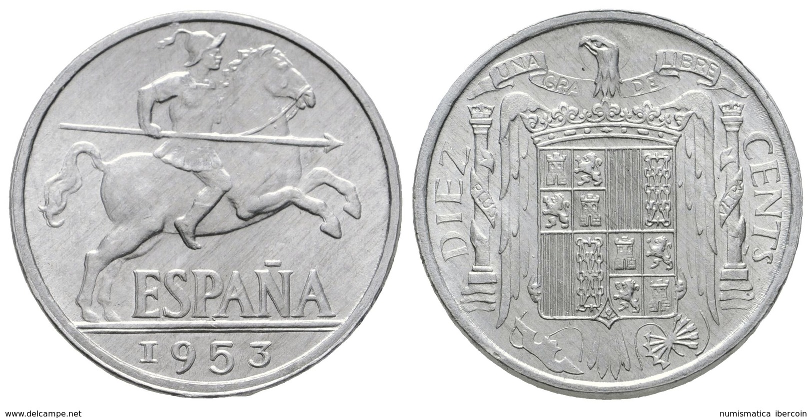 768 ESTADO ESPAÑOL. 10 Céntimos. 1953. Madrid. Cospel De Mayor Grosor. Cal-131. Al. 1,89g. SC. - Otros & Sin Clasificación