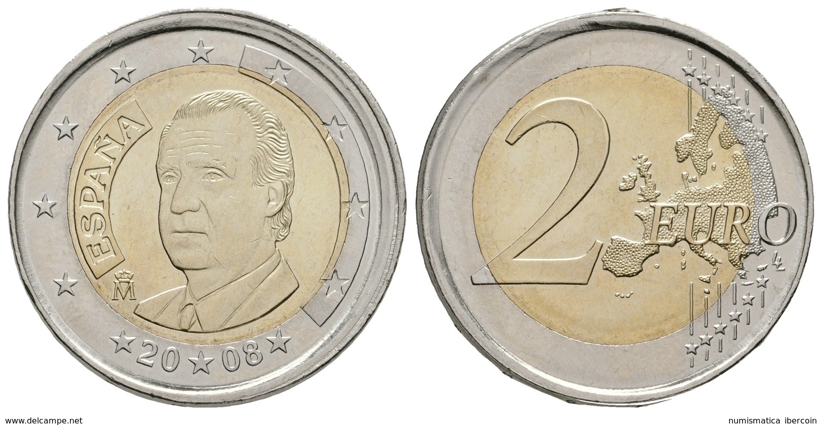 775 JUAN CARLOS I. 2 Euros. 2008. Acuñación Desplazada, Canto Corona Y Núcleo Irregular. 8,49g. EBC. - Sonstige & Ohne Zuordnung