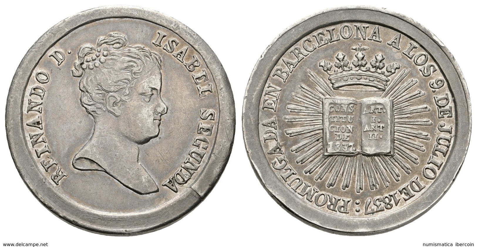 782 ISABEL II. Medalla De Proclamación De La Constitución. 1837. Barcelona. Ar. 7,41g. Pequeña Hoja En Anverso. MBC+/EBC - Sonstige & Ohne Zuordnung