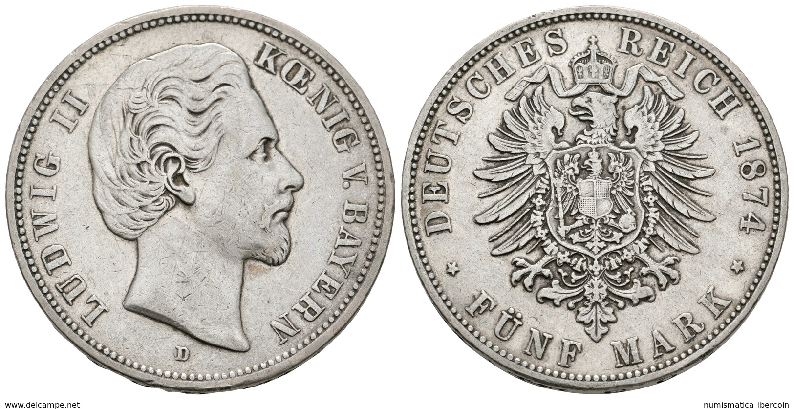 785 ALEMANIA. Luis II. 5 Marcs. 1874. München D. Km#502. Ar. 27,67g. Golpecitos En Canto. MBC. - Otros & Sin Clasificación