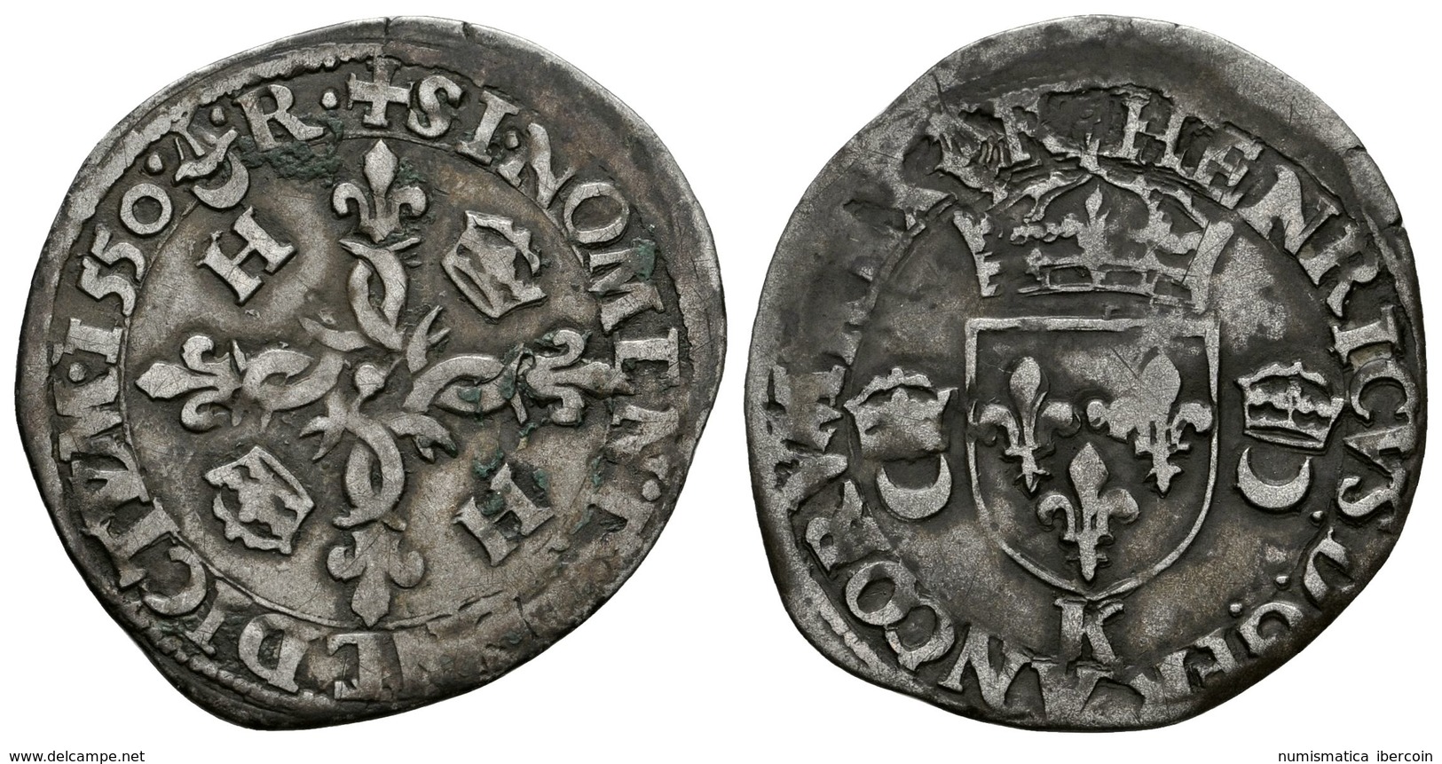 823 FRANCIA. Enrique II. Douzain Aux Croissants. 1550 K (Bordeaux). Dy.997; C.1305; L.835; Sb.4380. Ar. 2,39g. MBC. - Autres & Non Classés