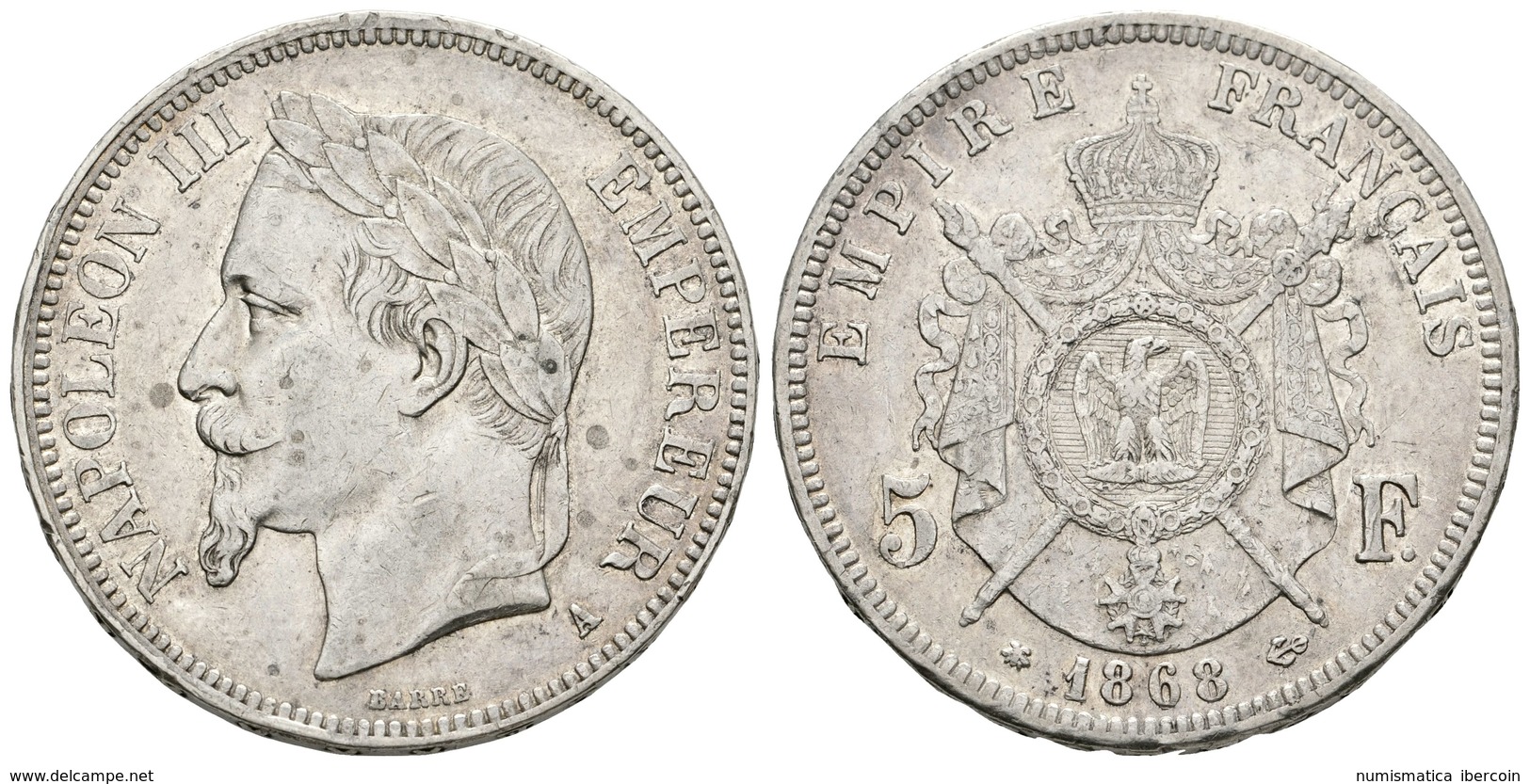 832 FRANCIA. Napoleón III. 5 Francs. 1868. Paris A. Km#799.1. Ar. 24,88g. MBC. - Otros & Sin Clasificación