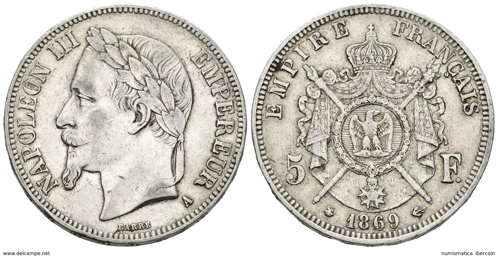 833 FRANCIA. Napoleón III. 5 Francs. 1869. Paris A. 24,91g. Km#799.1. Ar. MBC. - Sonstige & Ohne Zuordnung