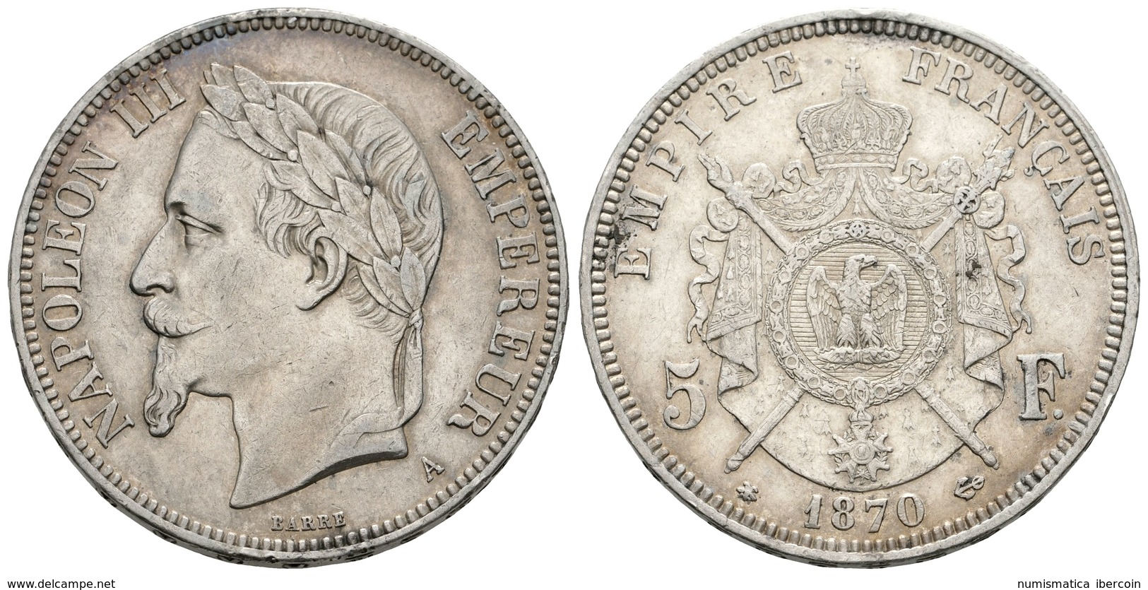 834 FRANCIA. Napoleón III. 5 Francs. 1870. Paris A. Km#799.1. Ar. 24,80g. EBC-. - Otros & Sin Clasificación