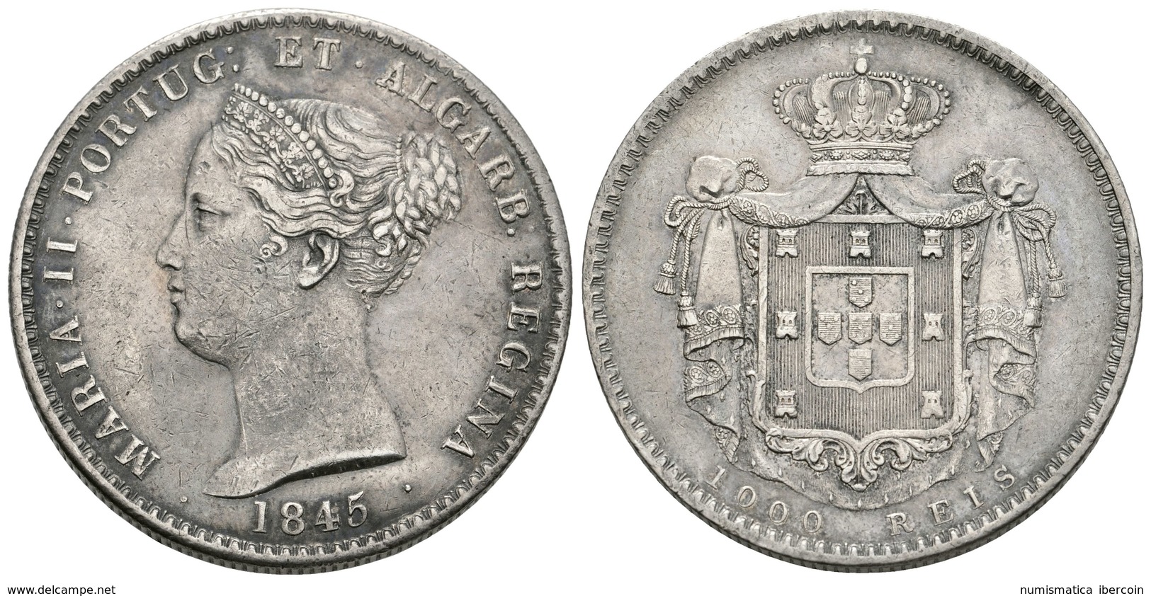 865 PORTUGAL. María II. 1000 Reis. 1845. Km#472. Leves Golpecitos. Ar. 29,48g. MBC+. - Sonstige & Ohne Zuordnung